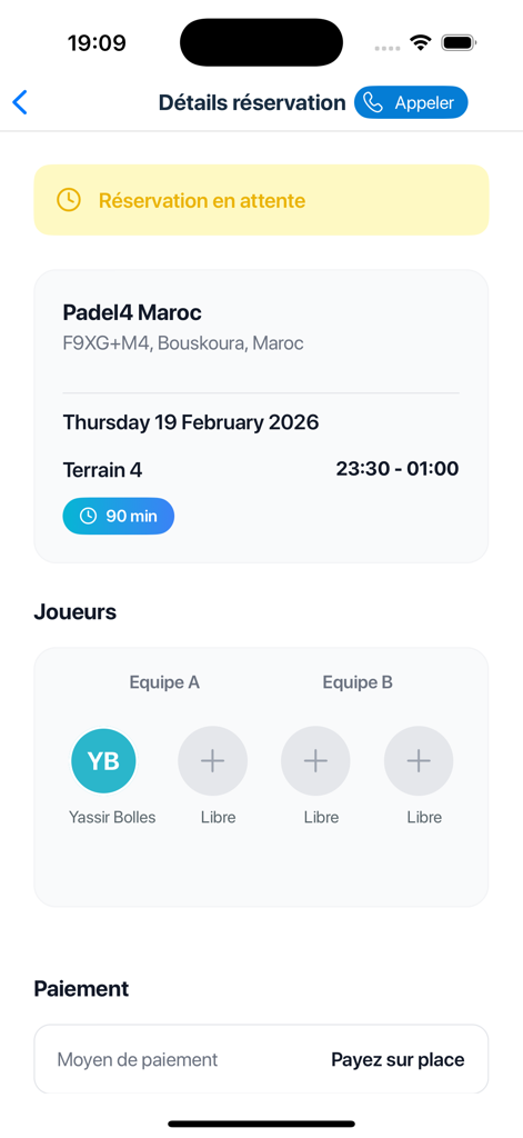 Sportym - Écran de détails de réservation pour un match de padel sur l'application Sportym montrant l'heure, les joueurs et les informations sur le lieu
