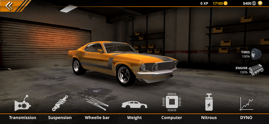 A classic yellow muscle car in a garage featuring tuning options like transmission and suspension