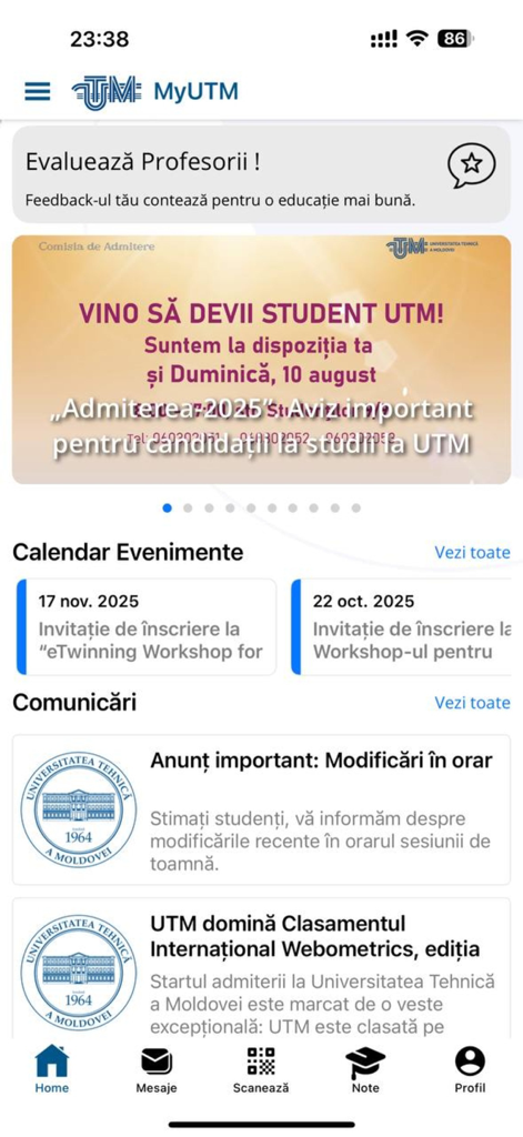 MyUTM Moldova - Interface of MyUTM Moldova app featuring university news and event calendar