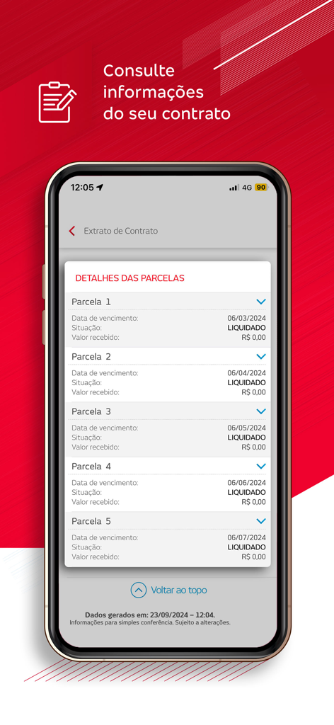 Bradesco Financiamentos - 決済済みの契約分割払いリストを表示するBradesco Financiamentosモバイルアプリのインターフェース