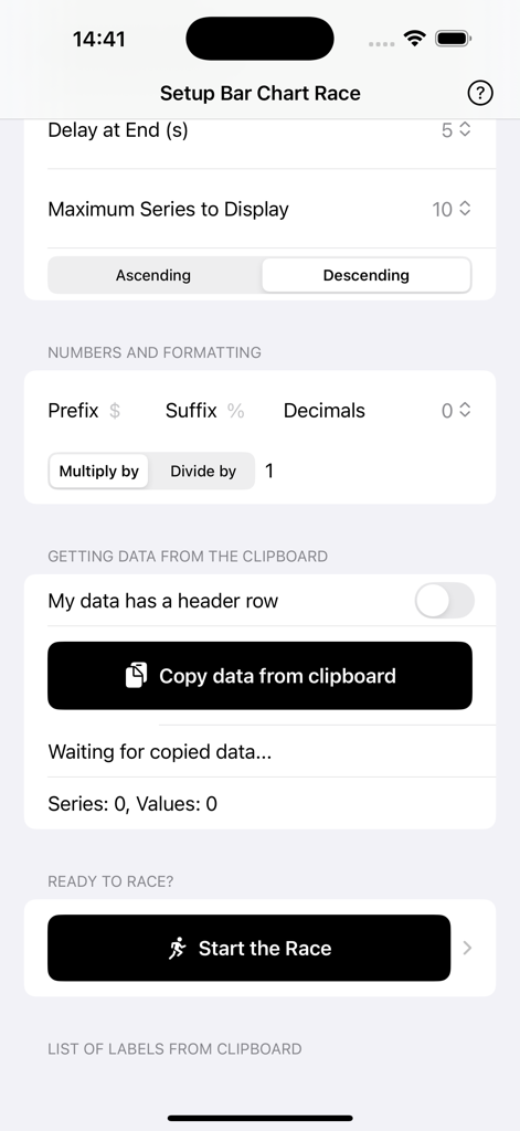 Interface do usuário para configurar dados e formatação no aplicativo Bar Chart Race