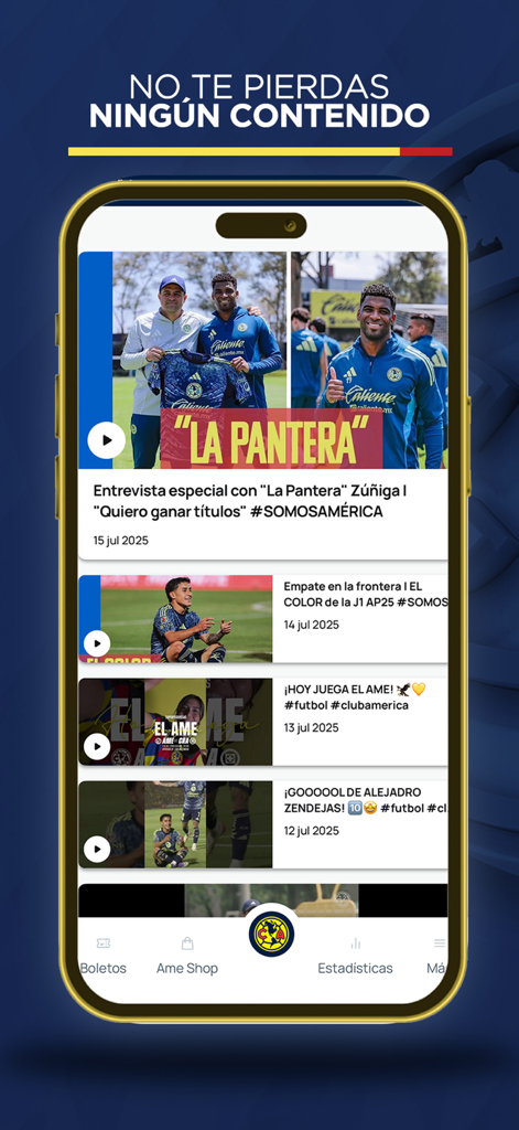 Club América - Interfaz de la app oficial del Club América mostrando las últimas noticias de fútbol y entrevistas en video