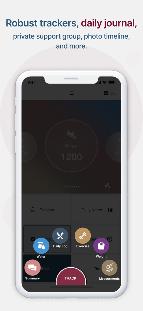 Baritastic mobile app interface showing a step counter and a menu with tracking options for water, exercise, and weight.