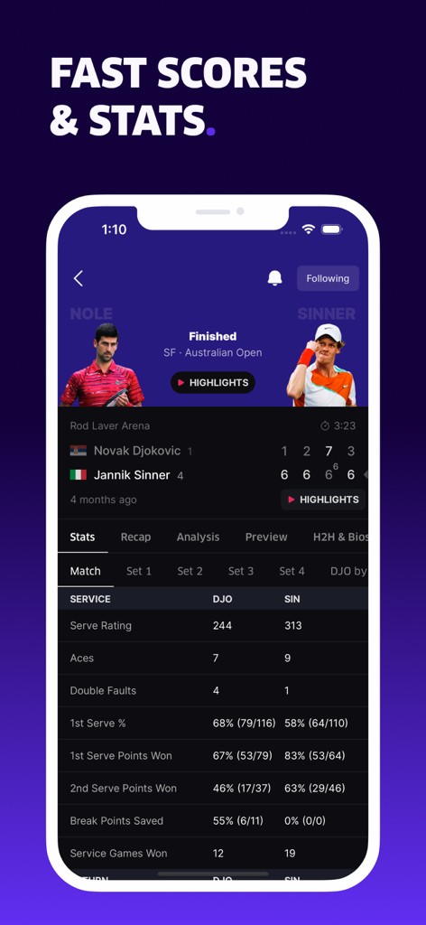 A mobile app screen showing detailed live tennis match statistics and scores between professional players.