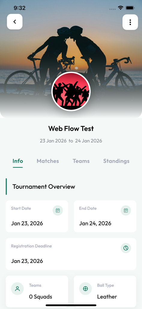 CricPR - Digital Cricket Hub - Écran d'aperçu du tournoi dans l'application CricPR montrant les dates et les informations d'inscription