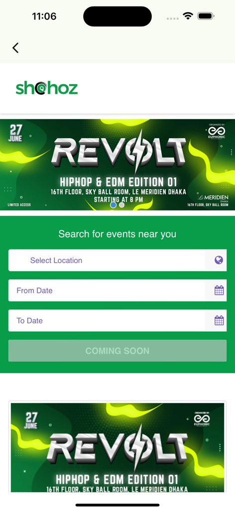 Search interface for events and music concerts on the Shohoz app