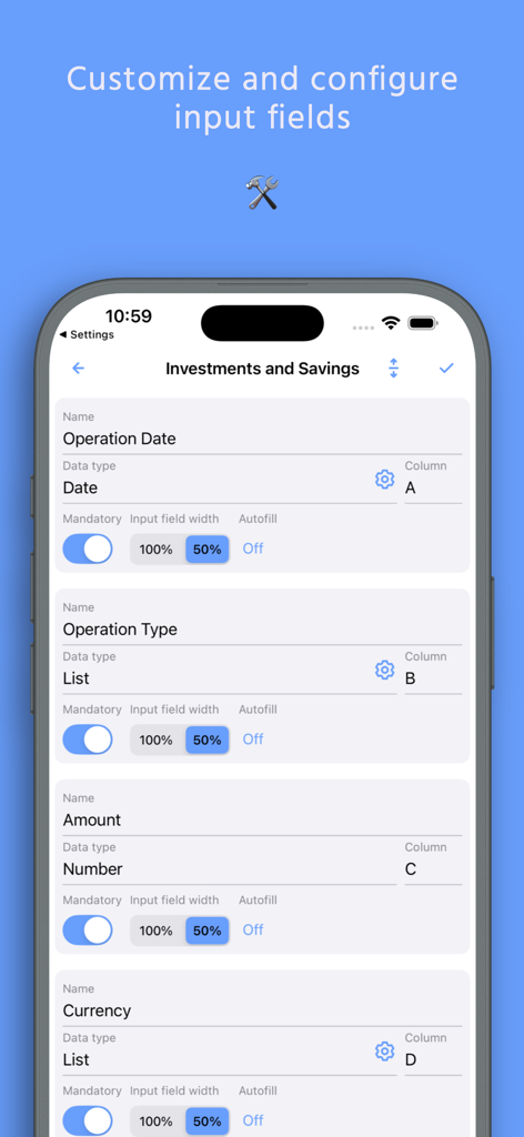 Interface for customizing and configuring form input fields and column mapping in the spreadsheet data entry app