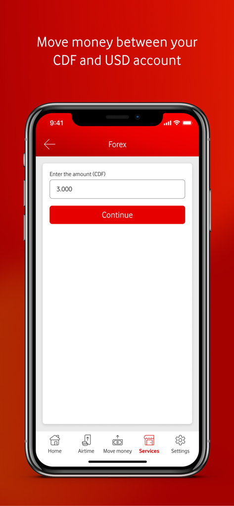 M-Pesa DRC - M-Pesa DRC app screen showing currency exchange between CDF and USD