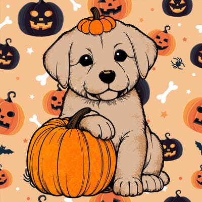 a realistic puppywith a pumpkin on his head