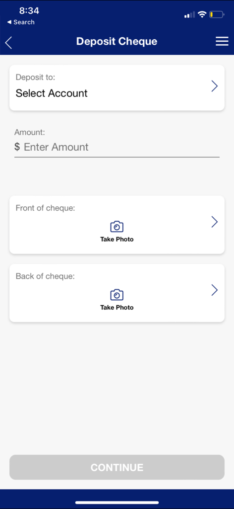 Bayview Credit Union - Screenshot des Bildschirms „Scheck einzahlen“ in der mobilen App von Bayview Credit Union mit Feldern für die Kontenauswahl, den Betrag und Fotos des Schecks.