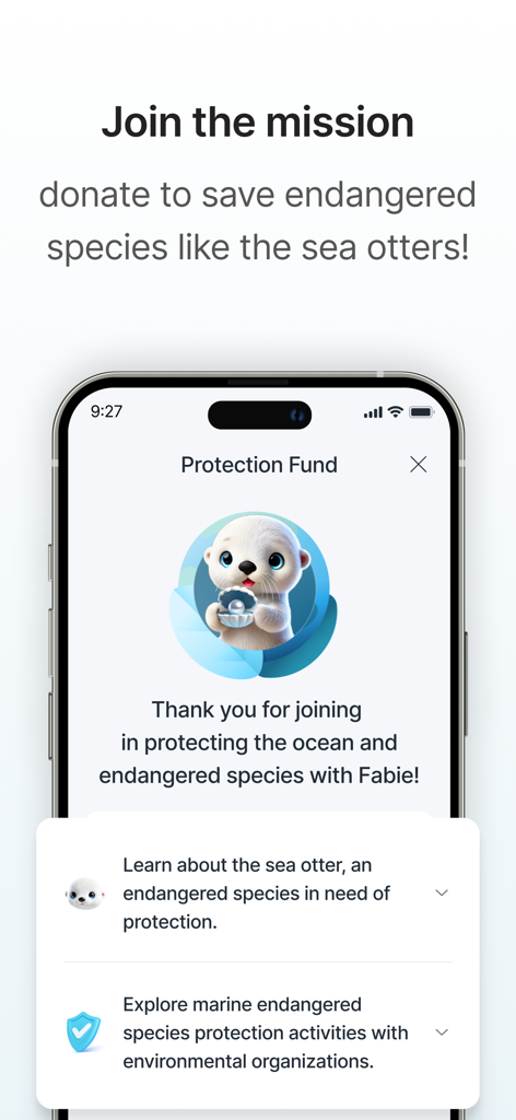 FABLO - Play, Earn & Level up - FABLO app screen showing a mission to donate and save endangered marine species like sea otters with character Fabie