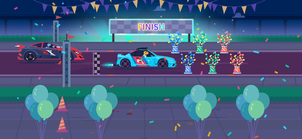 Un personaggio dinosauro che taglia il traguardo in un'auto da corsa blu con palloncini celebrativi e coriandoli.