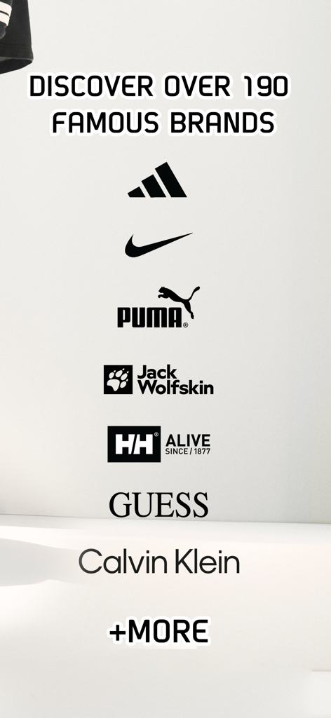 Écran de l'application Sport Depot affichant les logos de marques célèbres, notamment Nike, Adidas et Puma