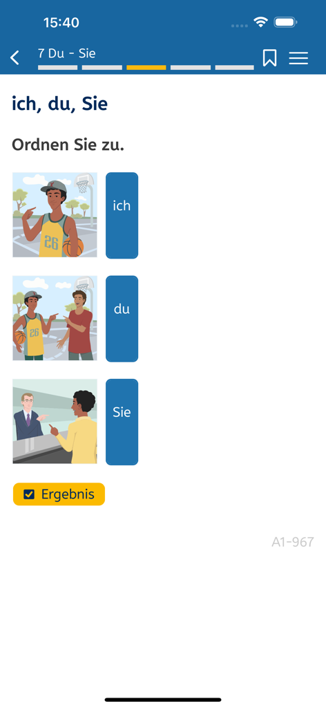 Zuordnungsübung für deutsche Pronomen in der A1-Deutsch Lern-App.