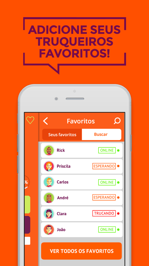 Screenshot of the TrucoON app displaying a list of favorite players and their online status