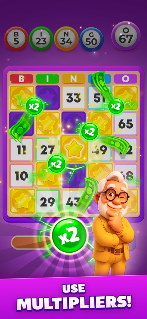 Bingo - Win Cash - Bingo Win Cash game screen showing score multipliers and flying cash rewards