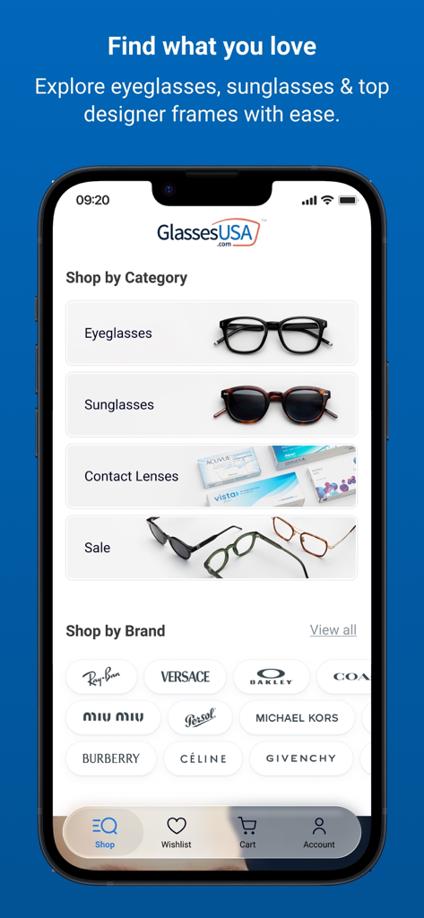 GlassesUSA.com - Interfaz de la aplicación GlassesUSA mostrando categorías de gafas como gafas de ver y gafas de sol y logotipos de marcas de diseñador