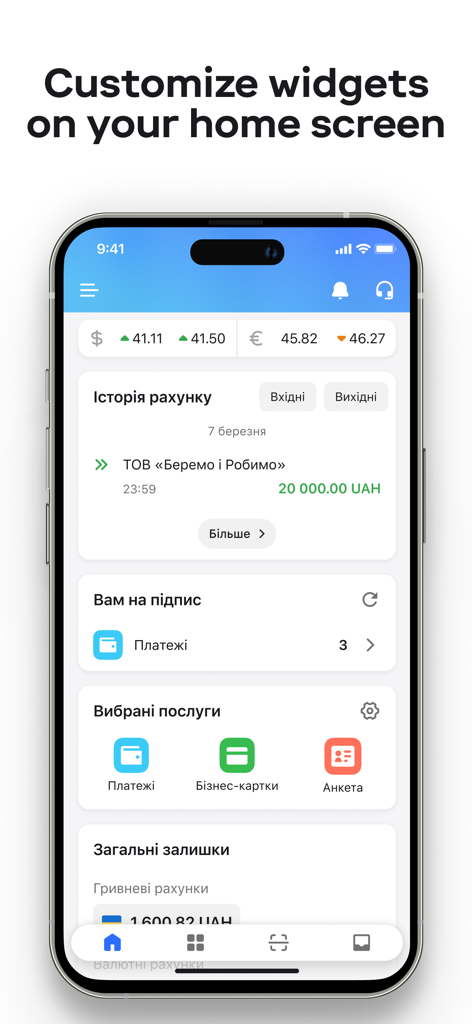 Privat24 for business - Privat24 for business app interface showing customizable widgets for currency rates account history and balances
