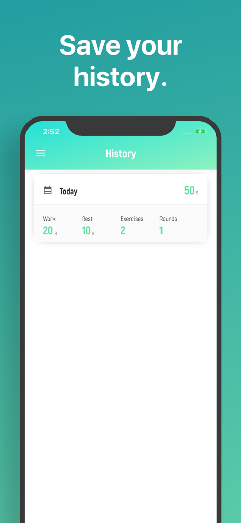 History screen of the Tabata Timer app showing recorded workout metrics including work and rest times