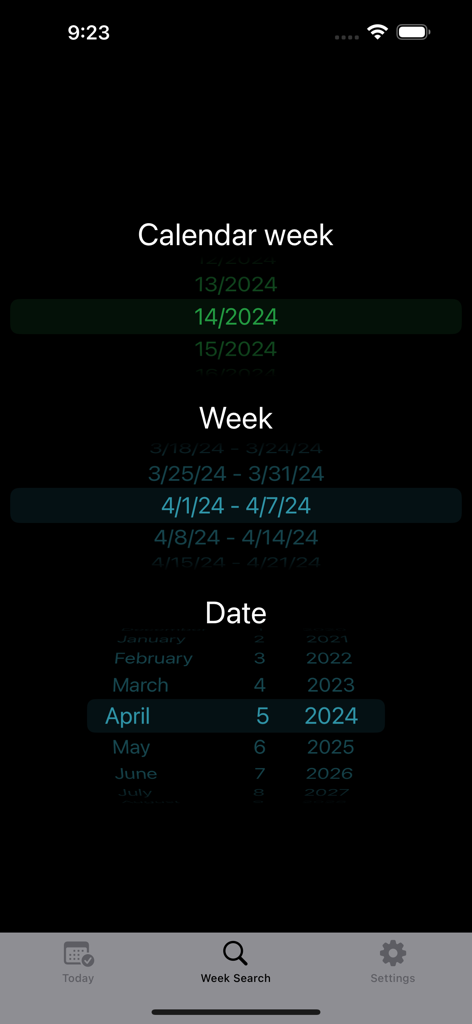 Interface of the Week Number Pro app showing the search function for calendar weeks and dates