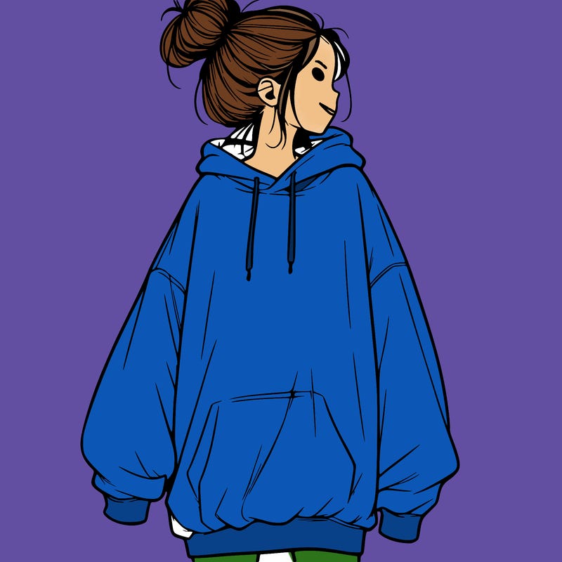 realistic girl with a oversized sweatshirt on and a bun