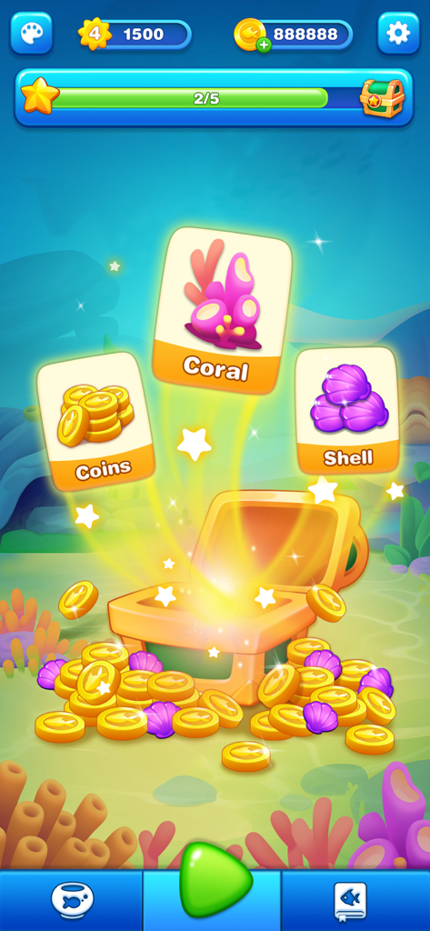 Solitaire Fish: Card Game - Um baú de tesouro aberto em uma cena subaquática revelando recompensas como moedas de ouro, coral rosa e conchas roxas.