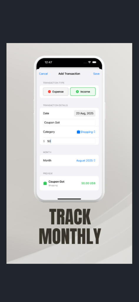 Expenses Spending Tracker アプリのトランザクション追加画面のスクリーンショット。トランザクションの種類、日付、説明、カテゴリのフィールドが表示され、「月次追跡」というキャプションが付いています。