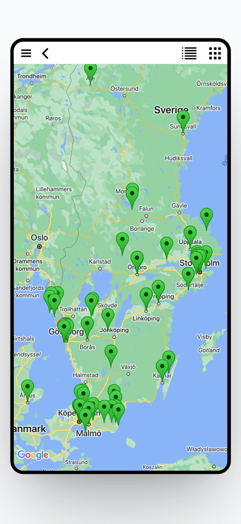 RestaurangGuiden's Gift Card - App map showing participating restaurant locations in Sweden and Denmark