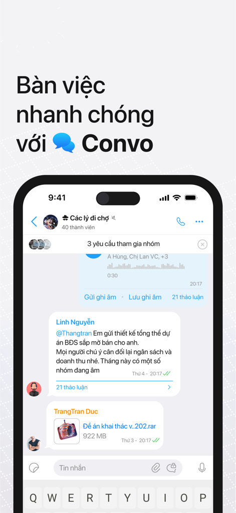 Lotus Chat mobile app interface showing a group chat in Vietnamese with business messages and a large file attachment.