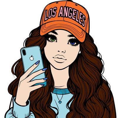 realistic beautiful girl wearing los ángeles cap holding an iphone