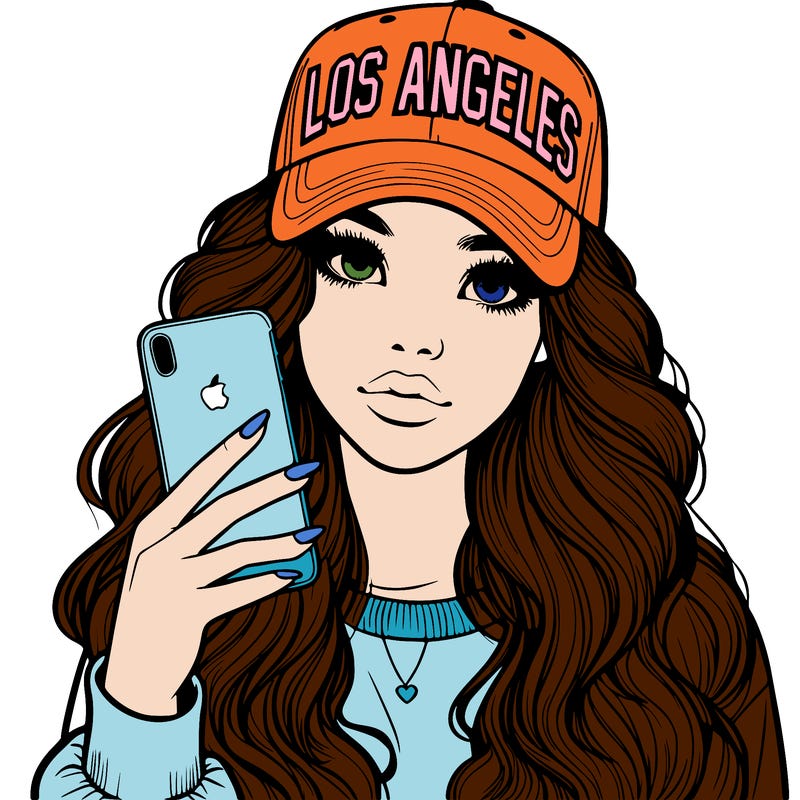 realistic beautiful girl wearing los ángeles cap holding an iphone