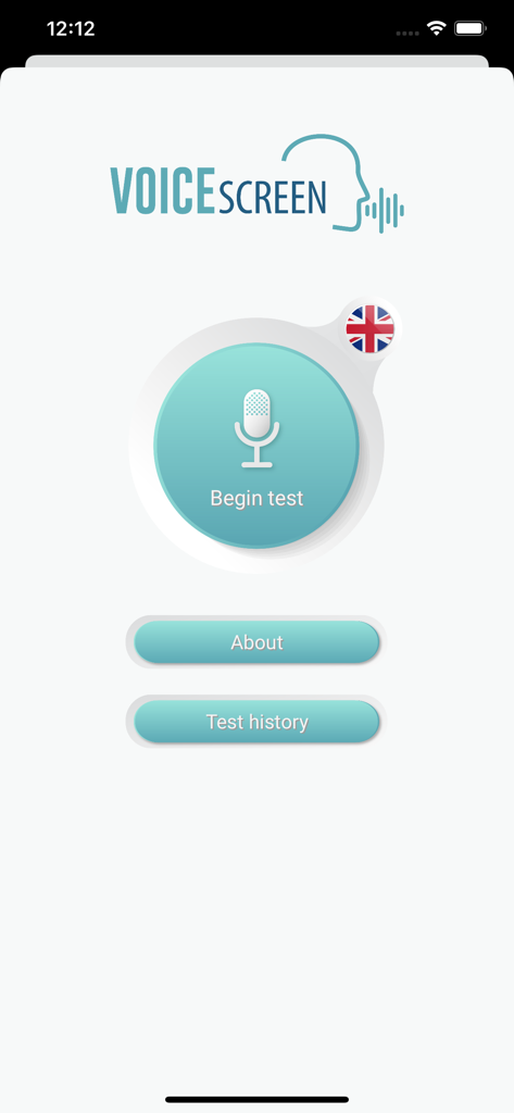 VoiceScreen. - Startbildschirm der VoiceScreen-Medizin-App mit einem Mikrofon-Symbol und einer Schaltfläche zum Beginnen des Tests