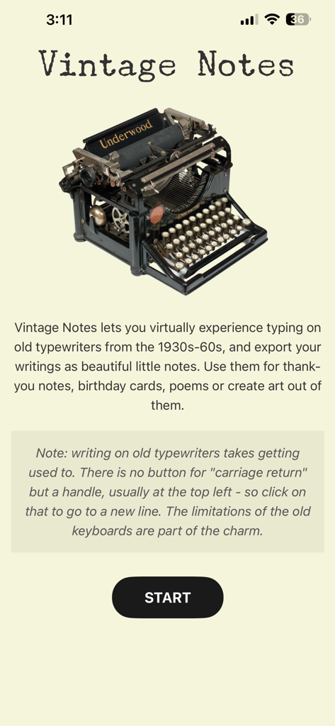 Vintage Notes - Introductory screen of the Vintage Notes app featuring a classic black Underwood typewriter and a start button.