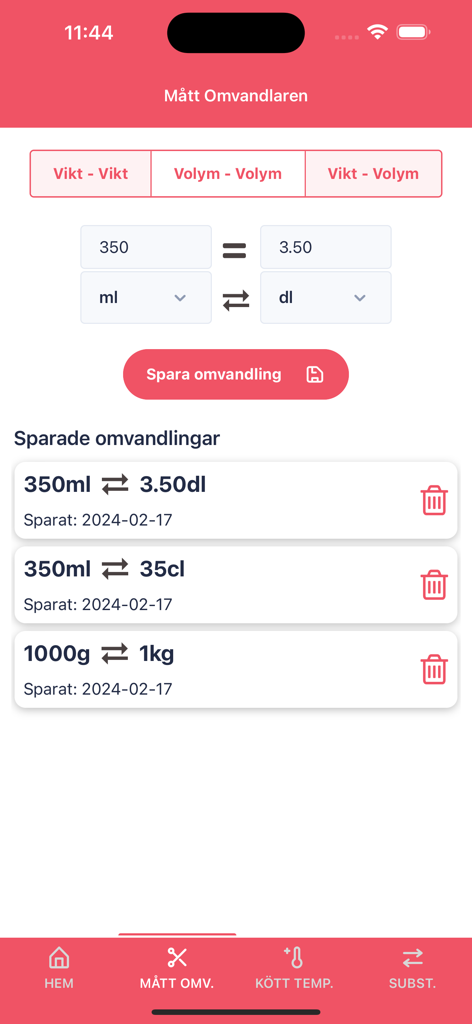 Mobile app interface showing a kitchen measurement converter with a history of saved volume and weight conversions.