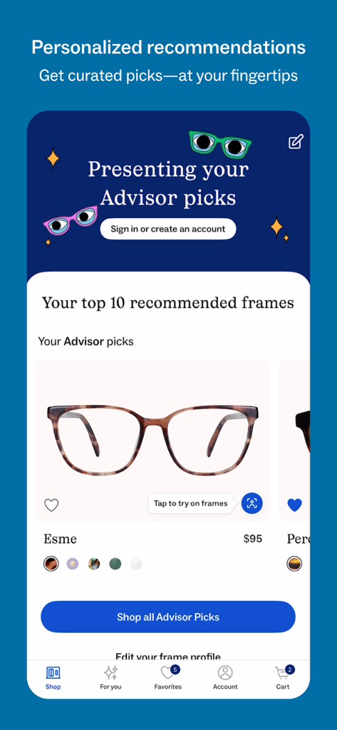 Warby Parker - 개인별 안경테 추천 및 안경에 대한 어드바이저 추천을 보여주는 Warby Parker 앱의 스크린샷.