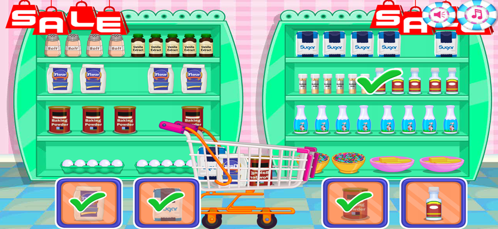 Cakes Maker : Cooking Desserts - A cartoon grocery store aisle with shelves of baking ingredients and a shopping cart in a kids cooking game