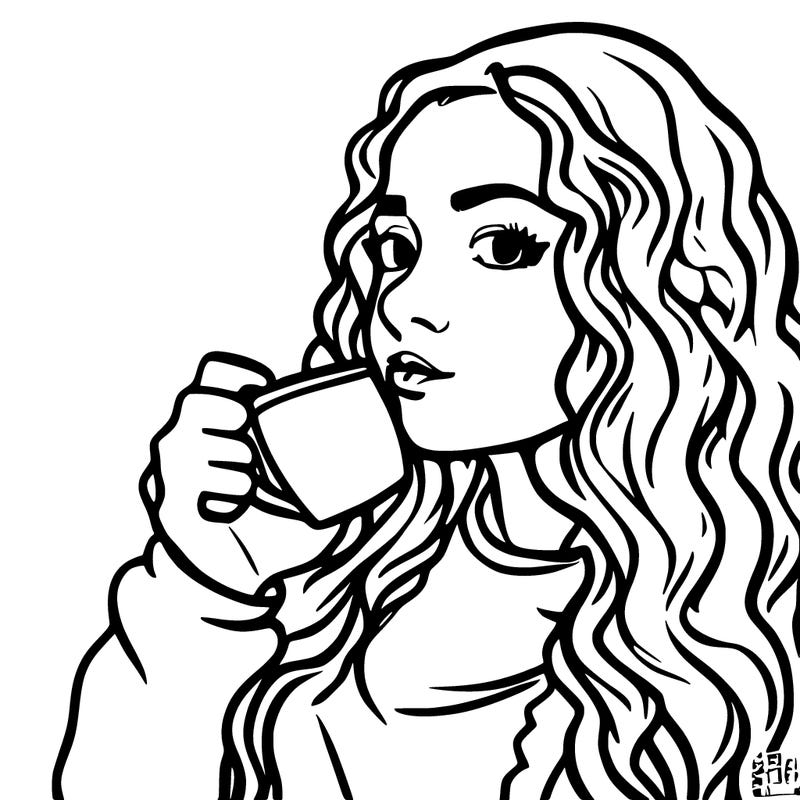 cute girl with long curly hair drinking coffee