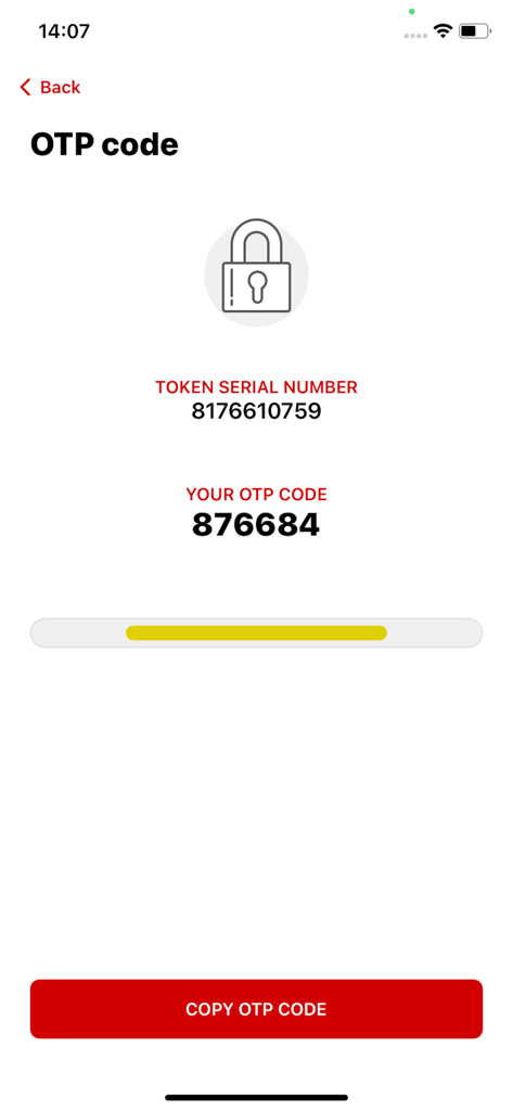 ALTA BANK2GO - ALTA BANK2GO mobile app screen showing a generated OTP code and token serial number for secure banking authentication