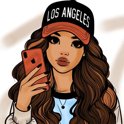 realistic beautiful girl wearing los ángeles cap holding an iphone