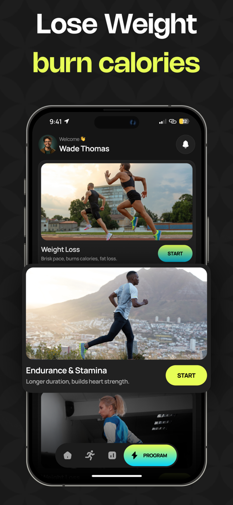 Mobile app interface of Fitracker Pro displaying workout options for weight loss and endurance training