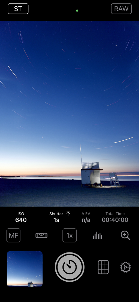 Interfaccia di fotografia a lunga esposizione di scie stellari nell'app Even Longer