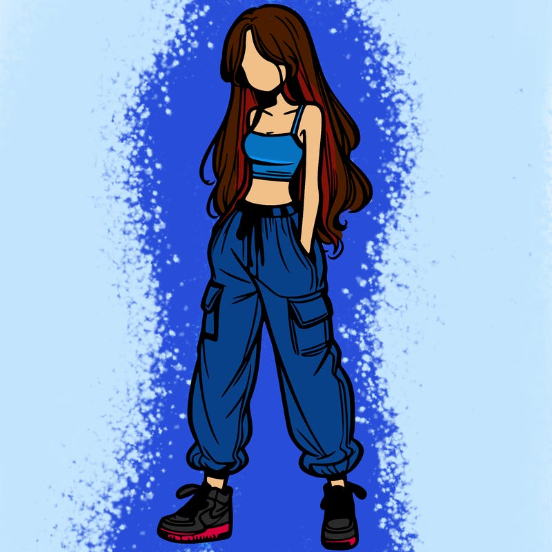 girl in baggy pants crop top and long hair