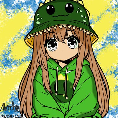 girl with anime shaped eyes with a dinosaur bucket hat oversized sweatshirt long straight hair
