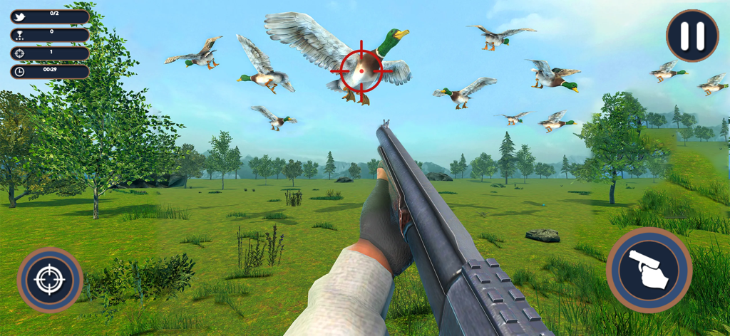Sniper Birds Hunting 3D - Vista en primera persona de un jugador apuntando con una escopeta a patos volando en Sniper Birds Hunting 3D