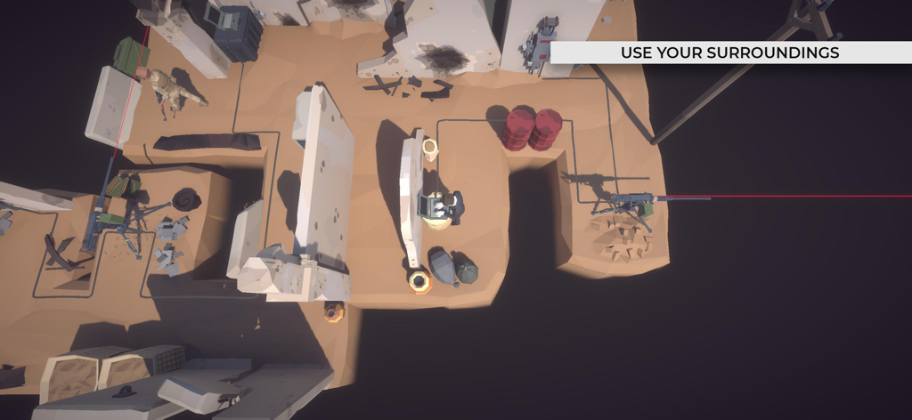 Agent Al - Top-down view of Agent Al infiltrating a stylized low-poly desert base with enemies and laser sensors.