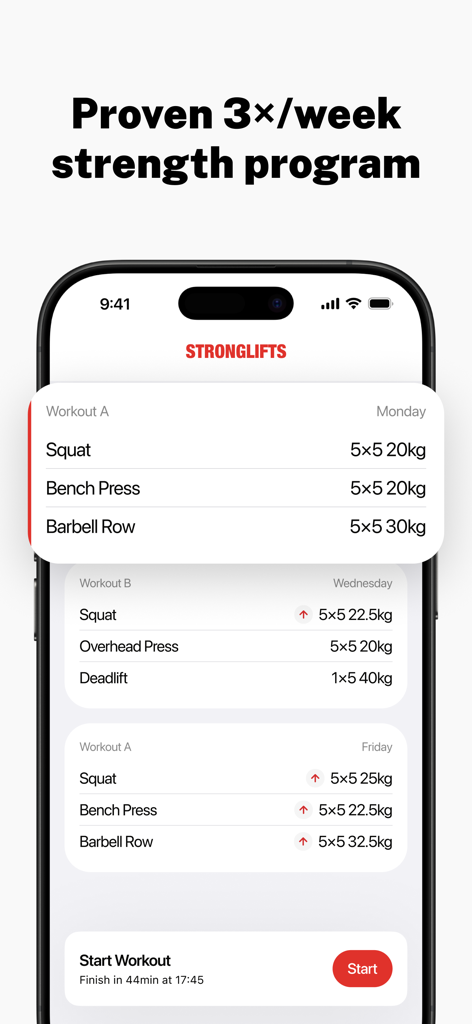 Aplicación Stronglifts mostrando un programa de entrenamiento de fuerza con pesas de tres días por semana