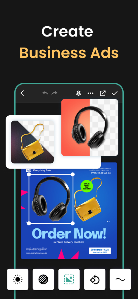 Social Media Post & Ad Maker - Interfaz de aplicación móvil para crear anuncios empresariales profesionales con imágenes de productos y botones de llamada a la acción.