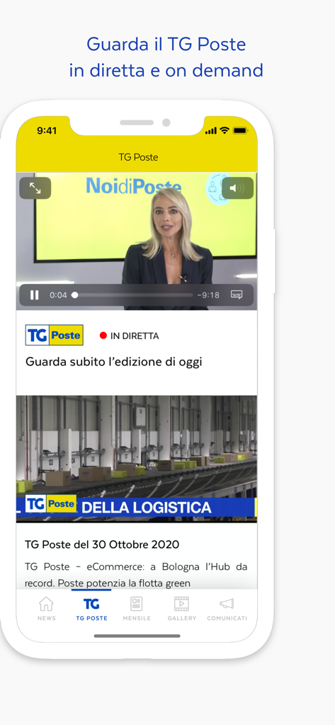 TG Poste - A screenshot of the TG Poste app displaying a live news broadcast and a report on logistics.