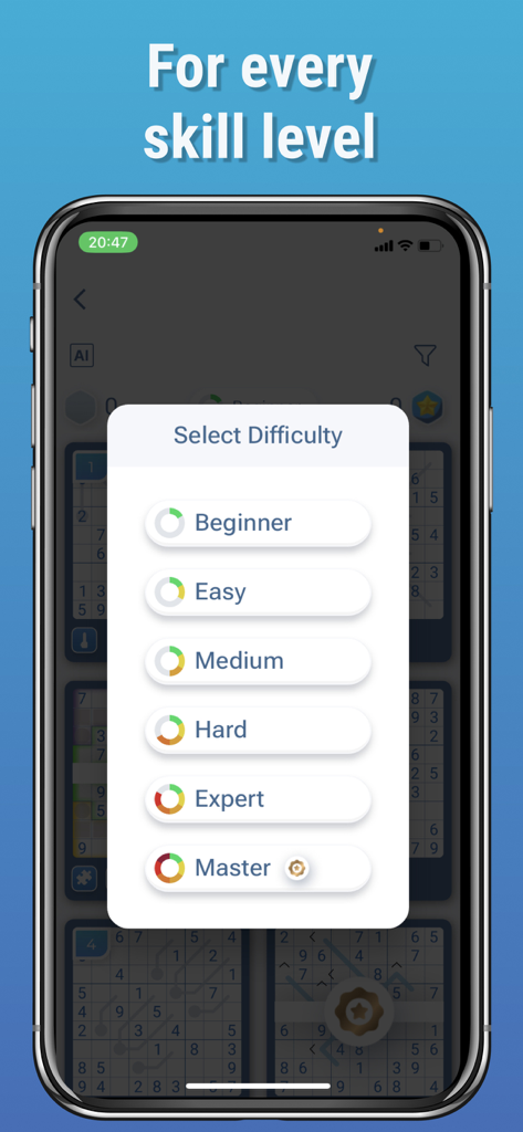 Sudoku & Variants by Logic Wiz - Sudoku app difficulty selection screen with levels from beginner to master