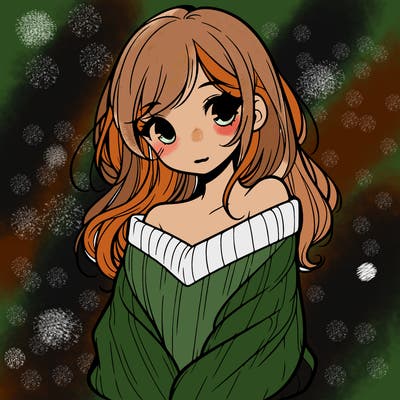 shy pretty girl wearing a sweater that is falling off one shoulder portrait